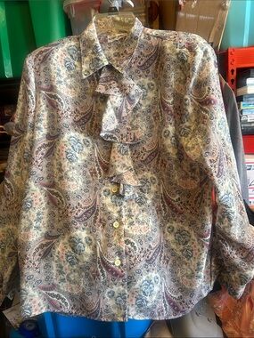 Vintage Alfred Dunner pink blue Paisley & roses Ruffle Front Blouse size 8